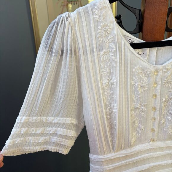 80s Vintage Sarah Elizabeth White Embroidered Floral Prairie Dress size 10 - Picture 4 of 12